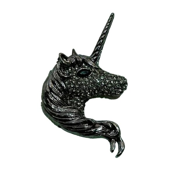Unicorn Black Crystal Brooch Pin - Picture 1 of 2